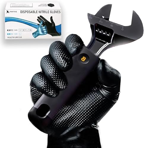 Disposable Nitrile Rubber Repair Gloves, 50 pcs, Heavy Duty 10 Mil Mechanic Gloves, non-slip diamond texture, Tough and Strong, for Oil Work, Painting, Auto Repair, Industrial (Black, M)