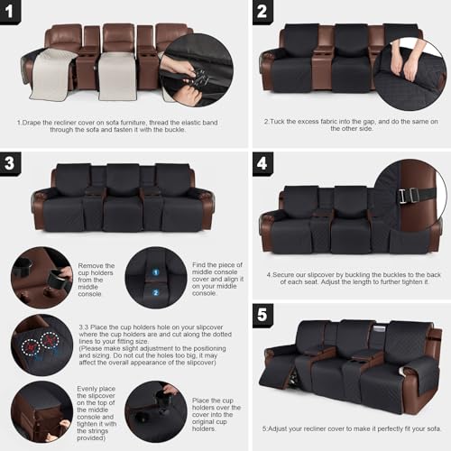 Image of KinCam 100% Waterproof Recliner Sofa Cover with Console, Non-Slip Reclining Couch Covers for 3 Seat, Recliner Couch Cover Furniture Protector with Elastic Straps for Pets, Kids, Black