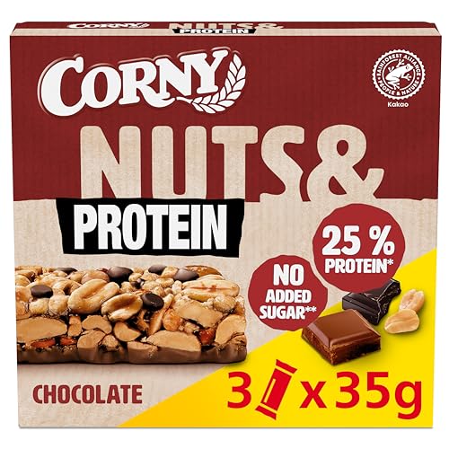 Corny Nuts & Protein Chocolate | Nussriegel & Proteinriegel ohne Zuckerzusatz | Mit 38% Nüssen & 25% Eiweiß | 3 x 35 g