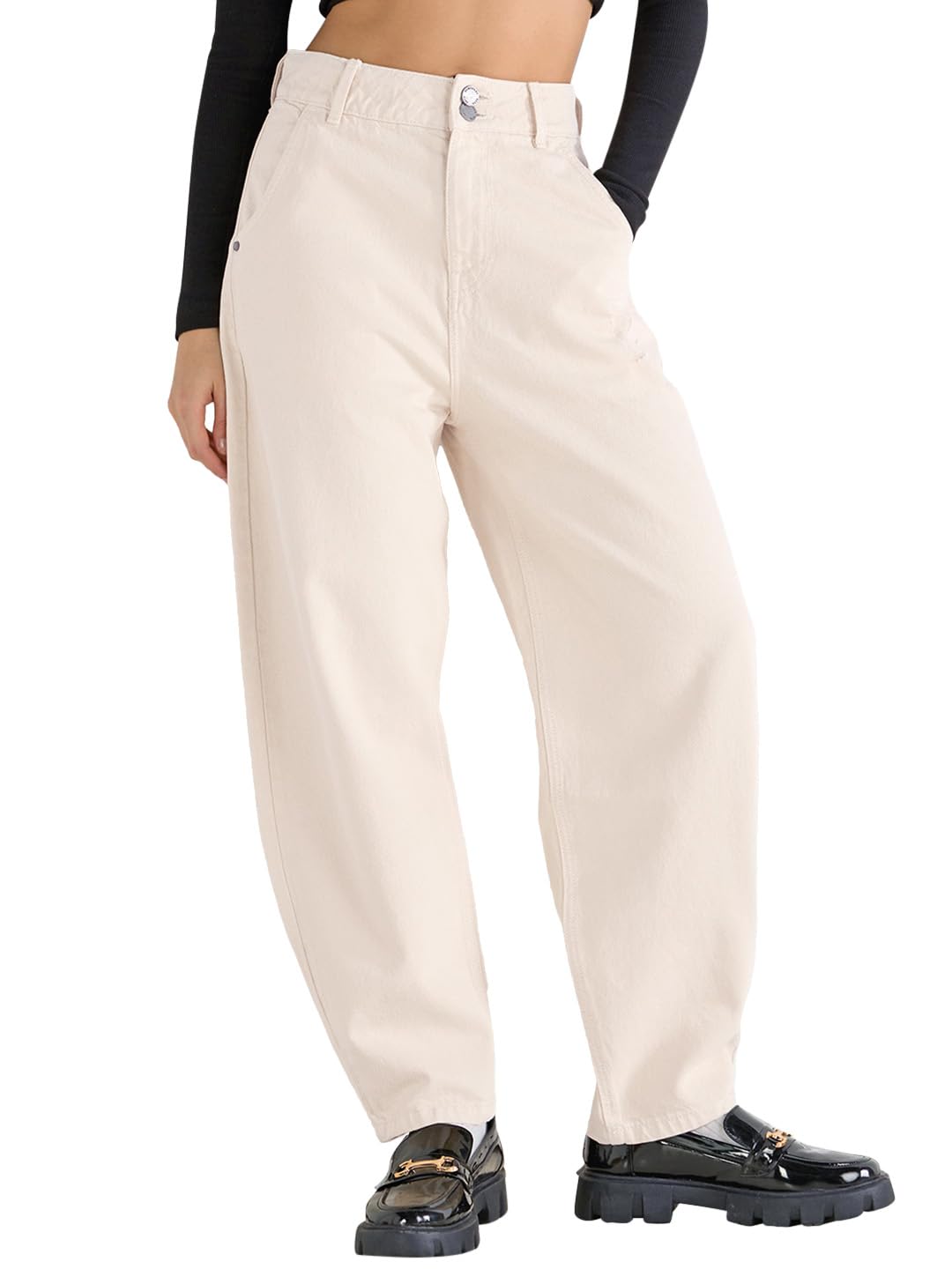 bewakoof Women's Solid Tapered Fit Cotton Baggy Jeans|Tapered Fit Jeans – Narrow Leg Denim | Relaxed Fit | Urban Streetwear-picture-32