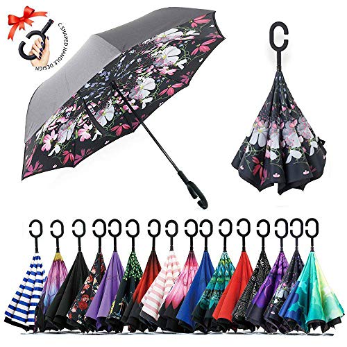 Chiasa 逆さ傘 長傘 さかさま傘 逆折り式傘 逆転傘 UVカット 晴雨兼用 手離れC型手元 耐風傘 撥水加工 ビジネス用車用 自立傘 二重傘