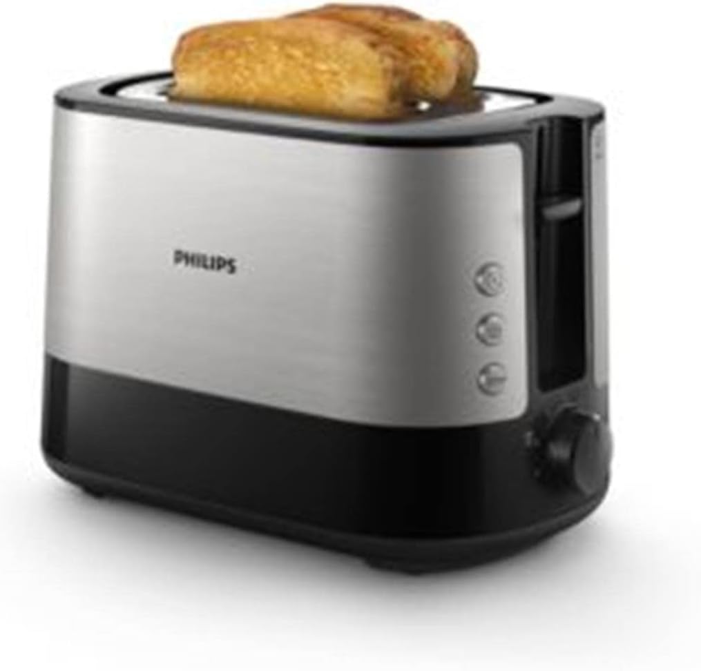 Philips Toaster Viva Collection - 2 Extra Wide Slots, 7 Browning Levels, Built-in Bun Warmer, Auto-Shut, Cancel Button, Defrost Function, Metal/Black - HD2637/91