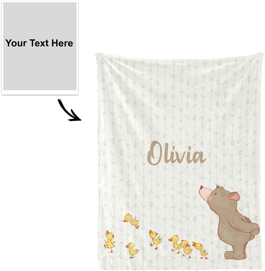 Cute Bear and Duck Personalized Receiving Baby Blankets for Girls Boys Kids with Name,Customized Swaddle Blankets Gift for Newborn Crib Infants 30x40 Inches
