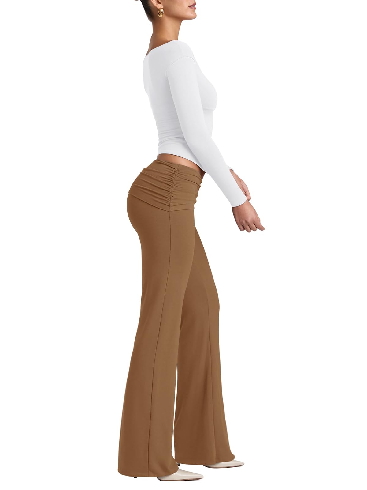 REORIA Leggings da donna, tinta unita, da palestra, da yoga, con gamba larga e elastico in vita, marrone, XXL