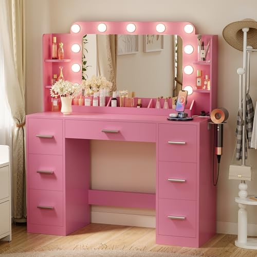 Image of Furmax Vanity Desk with Hollywood Style Mirror with LED Lights, Makeup Table Vanity with 2 AC Outlets and1 USB＆1 Type-C Port, Adjustable Lighting, Modern Ample Storage Drawers Dressing Table (Pink)