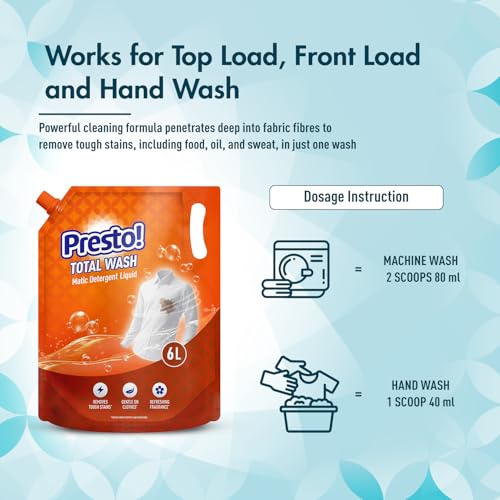 Image of Amazon Brand - Presto! Total Wash Matic Detergent Liquid | 6 Litres| Removes Tough Stains | Gentle On Fabrics | Refreshing Fragrance | Liquid Detergent For Washing Machine & Hand Wash
