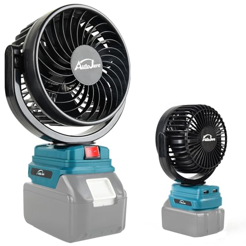 AUTOJARE 5 zoll Akku-Lüfter Kompatibel mit Makita 18V Mini Ventilator mit 2 USB-Aufladung 360 drehbar Tragbarer Lüfter für Camping Werkstatt Haushalt und Baustellen (Ohne Akku)