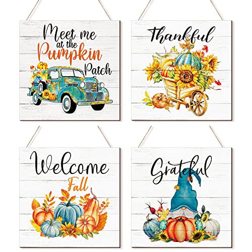 4 Pieces Fall Sign Thanksgiving Pumpkin Wood Sign Farmhouse Outdoor Teal Autumn Decor with Sunflower Gnome Truck for Home Fall Pumpkin Welcome Sign Hanging Pumpkin Shaped Fall Decoration