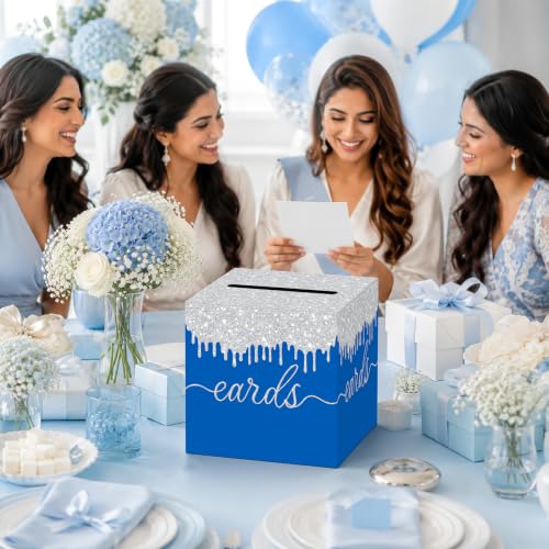 Image of Blue Silver Card Box with Slot for Graduation, Wedding and Birthday Party