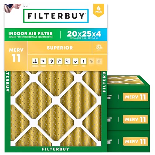 Filterbuy 20x25x4 Air Filter MERV 11 Superior Pet & Allergy Defense (4-Pack) Electrostatic Pleated HVAC AC Furnace Filters Replacement Made in USA (Actual Size: 19.50 x 24.50 x 3.63)