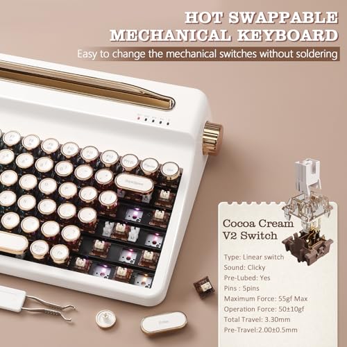 Image of YUNZII QL75 Wireless Typewriter Hot Swap Retro Mechanical Keyboard,Punk Round Keycaps,RGB Backlit QMK /VIA Programmable, Multi-Device Keyboard with 2.4GHz /Type-C /BT5.0 (White, Cocoa Cream V2 Switch)