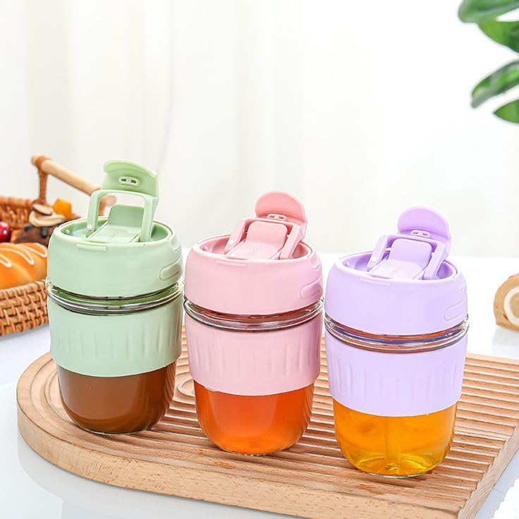 Image of criterion 350ml Reusable Glass Coffee Mug with Straw - 2-in-1 Leakproof Lid, Anti-Slip Grip - Sipper Tumbler for Home, Office, Car - Set of 1