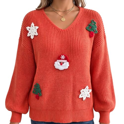 Christmas Sweater Christmas Tops for Women V Neck Sweaters for Women Orange - image 1