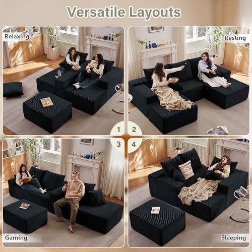 Image of Lakifun 107 inch U-Shape Cloud Couch, Modern Modular Sectional Comfy L-Shape Sofa with Ottoman, Deep Seat, Upholstered Corduroy Sleeper Chaise Longue for Living Room Bedroom, No Assembly Required, Black