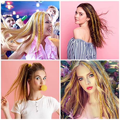 Hautoco Hair Tinsel Kit, 1200 Strands 47 Inch Glitter Tinsel Hair Extensions With Tools Champagne Gold Fairy Hair Tinsel Kit, Heat Resistant Sparkling Hair Tinsel For Cosplay Christmas New Year Party #TOP6