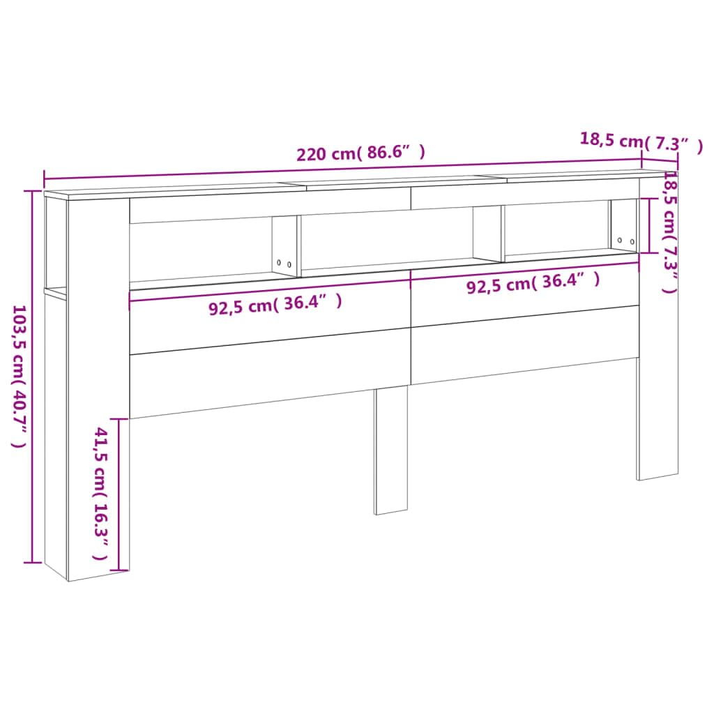 vidaXL LED Kopfteil, Bettkopfteil mit LED-Leuchten, Betthaupt mit Ablagen, Bettzubehör Schlafzimmer, Betongrau 220x18,5x103,5cm Holzwerkstoff