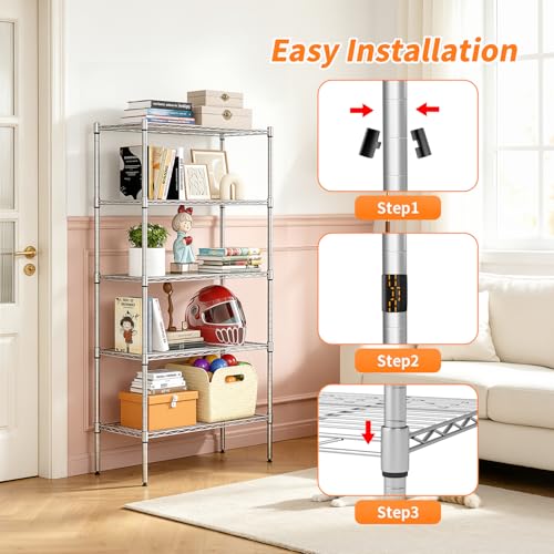 Image of BestOffice | 5-Tier Wire Storage Shelves with Wheels | 14 x 30 x 61 | Chrome | with Adjustable Racks | Heavy-Duty Metal Shelf, Holds Upto 1250 lbs | No-Tool Assembly | Ideal for Home & Garage Shelving