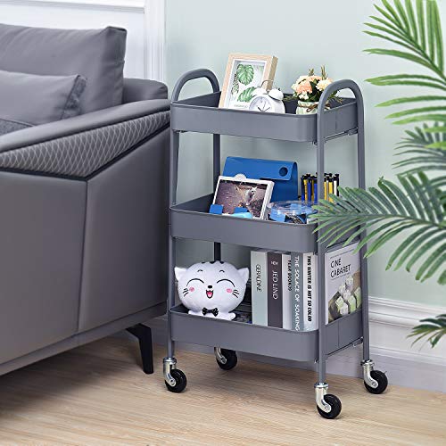 Toolf 3 Tier Rolling Cart, No Screw Metal Utility Cart, Easy Assemble Utility Serving Cart,Sturdy Storage Trolley With Handles, Locking Wheels,For Kitchen Garage Home Bedroom Bathroom, Grey #TOP6