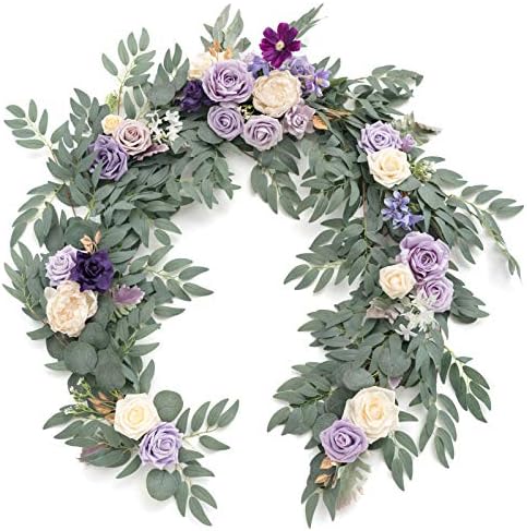 Ling's Moment Artificial Eucalyptus Garland with Flowers 6FT, Wedding Table Garland with Flowers Mantle Decor Handcrafted Wedding Centerpieces for Rehearsal Dinner Bridal Shower | Lilac & Lavender