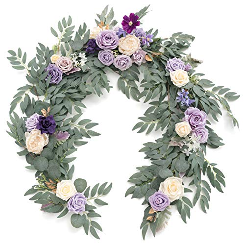 Ling's Moment Artificial Eucalyptus Garland With Flowers 6Ft, Wedding Table Garland With Flowers Mantle Decor Handcrafted Wedding Centerpieces For Rehearsal Dinner Bridal Shower | Lilac & Lavender #TOP2