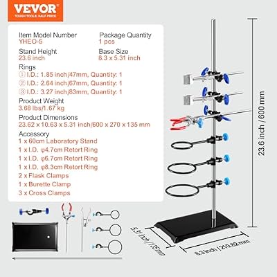 VEVOR Lab Stand Support, Laboratory Retort Support Stand Set, Steel Lab Stand 23.6 Rod and 8.3 x 5.7 Cast Iron Base, Includes Flask Clamps, a Burette Clamp and Cross Clamps