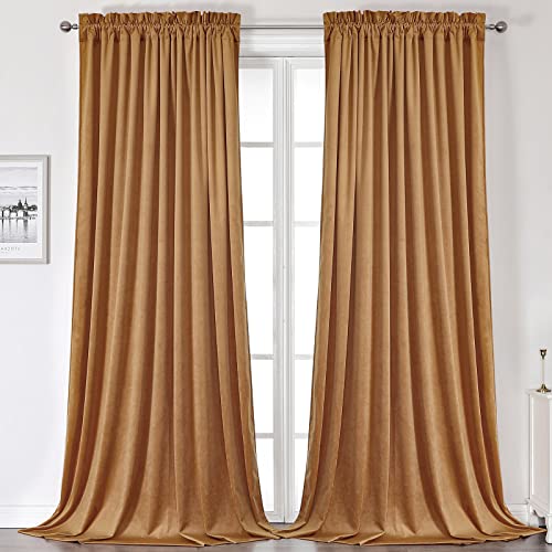 Benedeco Blackout Camel Velvet Curtains for Bedroom Window, Light Filtering Drapes for Living Room Darkening Soundproof Thermal Curtain Rod Pocket 52 x 108 inches Long Length Set of 2 Panels