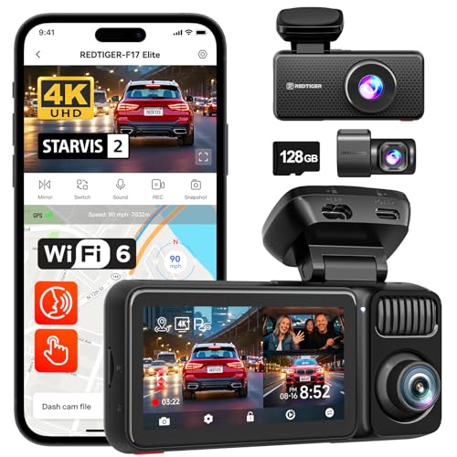 REDTIGER F17 Elite 4K 3 Channel Dash Cam, STARVIS 2 IMX678 & IMX675, 128GB Card, Full Night Color, 4K+2.5K+1080P Front and Rear Inside, Touch Screen, Voice Control, 5GHz WiFi 6, GPS, HDR, Parking Mode