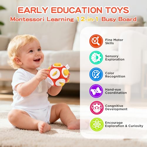 Image of Montessori Activity Cube & Busy Board for 1 Year Old - 12-in-1 Travel Toys for Airplane & Car, Car Seat & Stroller Activity Toy, Toys Gift for 1 Year Old Boy Girl, Easter Basket Stuffers for Toddler