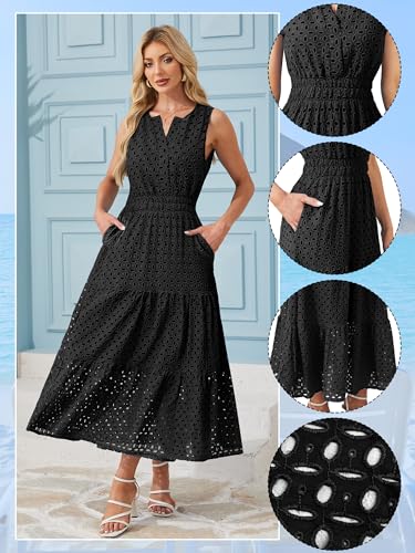 Image of Women 2025 Summer Maxi Dress Casual V Neck Sundress Sleeveless Hollow Out Eyelet a Line Long Flowy Beach Vacation