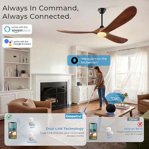 Image of Outdoor Ceiling Fans with Lights-Glass Lamp, 60 inch Smart Ceiling Fan with WIFI Alexa and App Remote Control, Damp Rated Wood Propeller Blades for Patios & Porch, 3 Blades, High CFM 6 Speed, Walnut