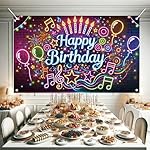 Neon Happy Birthday Banner Backdrop Party Decorations Glow in The Dark Party Banner Music Notes Balloons Fireworks Stars Colorful Lights Brick Wall Photo Background Props 71 x 43 inch - Image 5
