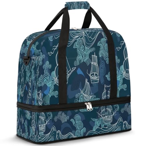 Travel Duffel Bag with Shoe Compartment, Sailing Ships Shoulder Weekender Bags for Women, Foldable Waterproof Travel Bag Carry on Bag