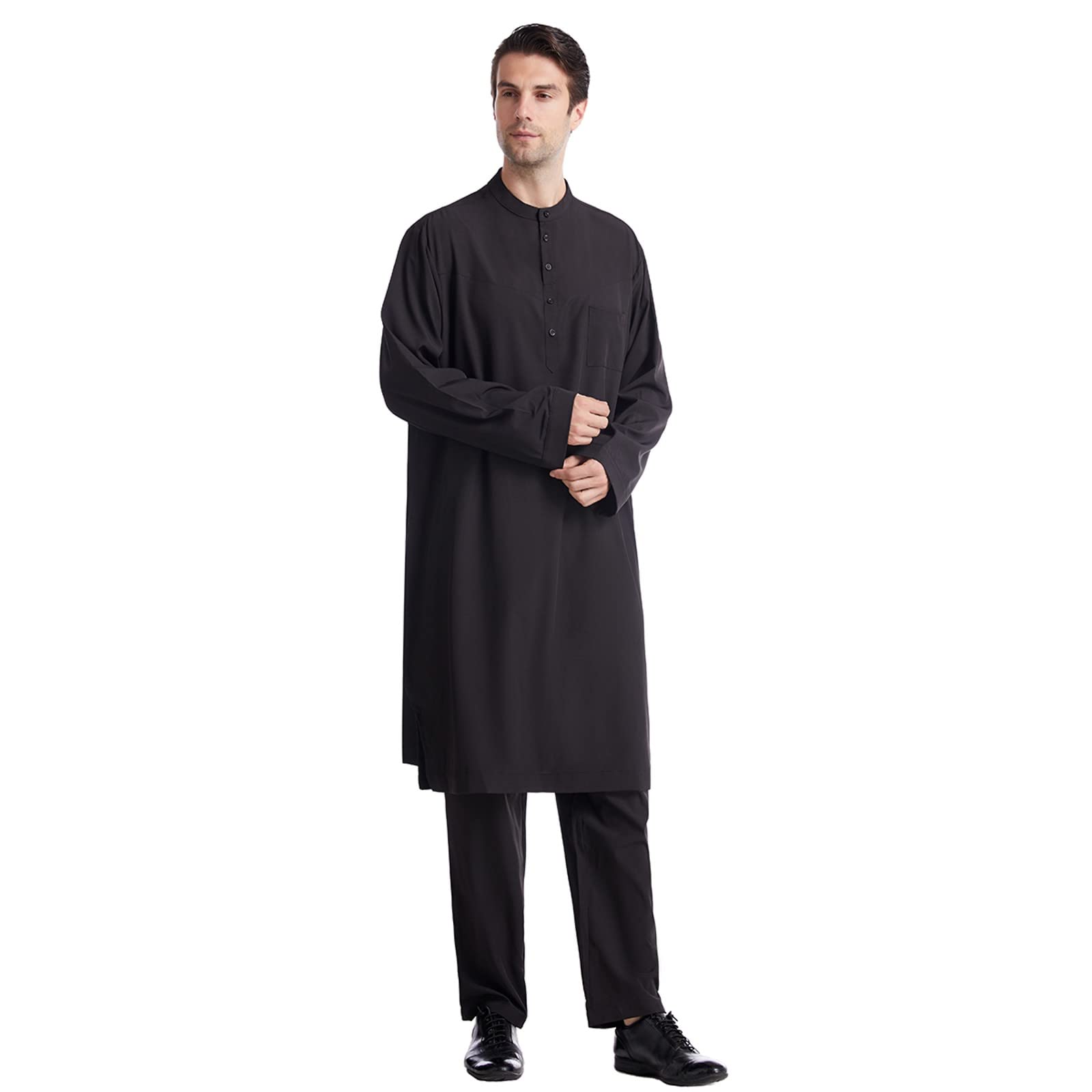 Męska piżama kurta, islamski strój z długim rękawem, jednokolorowy design i kieszeń na piersi, tradycyjna muzułmańska odzież z pasującymi spodniami, idealna do modlitwy, ramadanu, Eid, codziennego