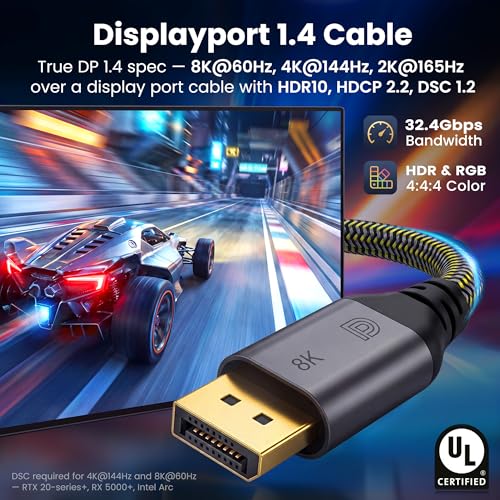 Cable DisplayPort 1.4 de 10 pies para monitores con resolución 8K y alta tasa de refresco de 144Hz 2