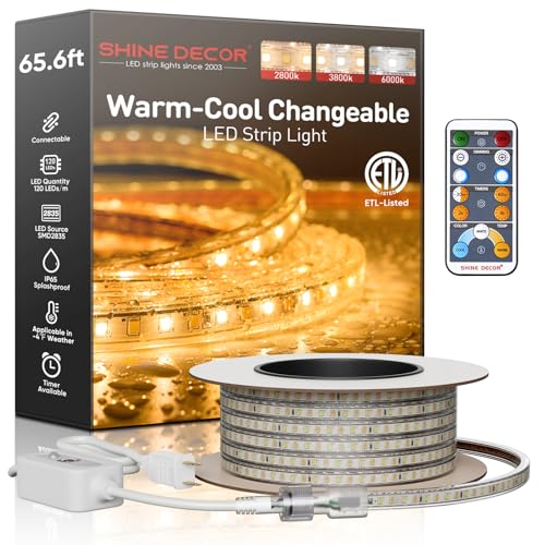 Image of Shine Decor LED Strip Light Connectable, CCT 2800-6000K Warm-Cool Changing Tone for Room, 65FT 120V Plug-in Outdoor Rope Lighting Cold Resistant Waterproof ETL Listed, Remote Timer Available
