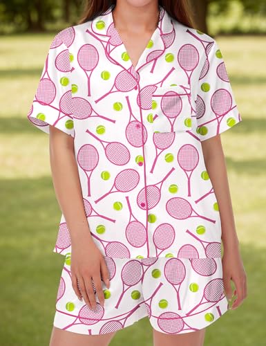 Image of SHESHOW Pajamas for Women Set Satin Button Down Short Sleeve Top and Shorts Pjs Sets Sport Ball Print Sleepwear XS-XXL
