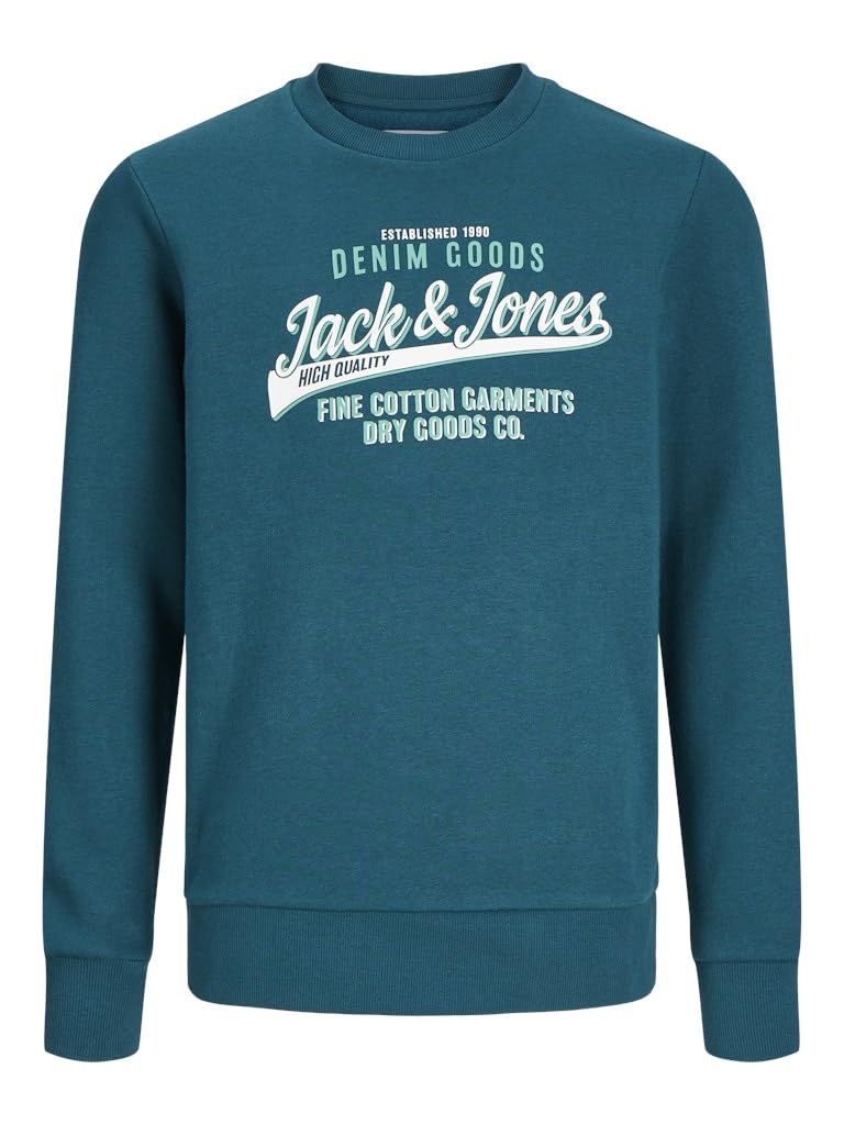 JACK&JONES JUNIOR JJELOGO Sweat Crew 2 Col 24/25 Noos MNI, Sudadera Niños, Deep Teal/Print:White + Winter Green,