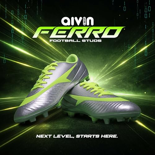 Image of AIVIN Ferro Football Shoes | Lightweight PU Synthetic Upper | Reinforced TPU Bladed Outsole | Cushioned Inner Lining | Stitchless Construction | Premium Silver Neon Green Design | Firm Ground Soccer Studs