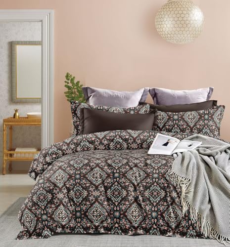 Image of DECOR2ADMIRE Super King Size Premium Bedsheet 108 x 108 Inches | 300 Thread Count | Glace Cotton | with 2 Pillow Covers | Abstract Prints | (Brown Teal Print)