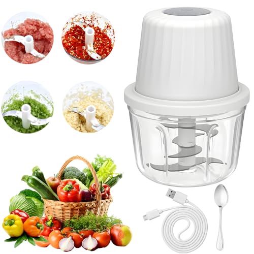 Zwiebelschneider Elektrisch, Zwiebel Zerkleinerer Gemüsezerkleinerer Mixer Multi Universalzerkleinerer 400ml Arbeitsbehälter mit Typ-C-Ladekabel für Fleisch, Zwiebeln, Knoblauch, Nüsse (Weiß)