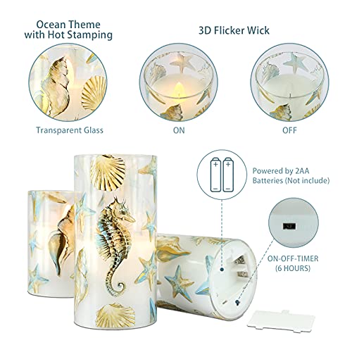 Ocean Flameless Candles Seahorse Starfish Shell Decal Flickering Battery Operated Candles With Remote Nautical Theme Led Candles For Bedroom Party Christmas Summer Room Decor - Set Of 3 #TOP2