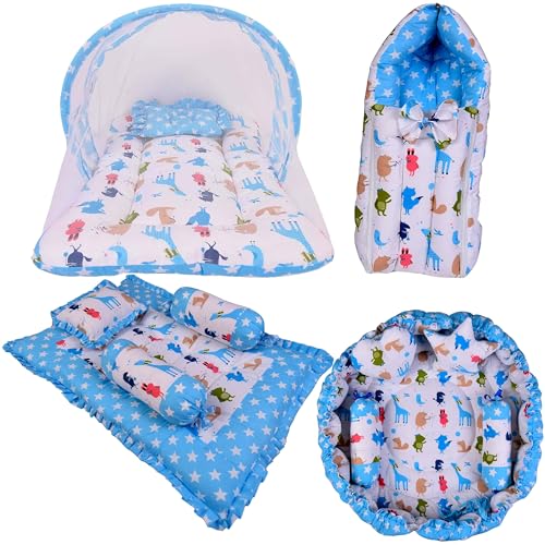 Image of Kwitchy Baby Bedding Set New Born Baby Bed | Mattress | Mosquito Net | Gadda Set | Bed | Cotton | Essential Combos | Gift Pack | Boys & Girls (0-6 Months) Blue (4PCS Set)