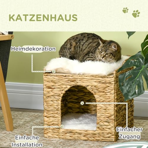 PawHut Rattan Katzenhaus, Katzenhöhle mit Kissen, Katzenbett mit 2 Ebenen, Katzenkorb, Katzenhütte für Katzen bis 5 kg, Wasserhyazinthengras, 37,5 x 37,5 x 41,5 cm, Braun