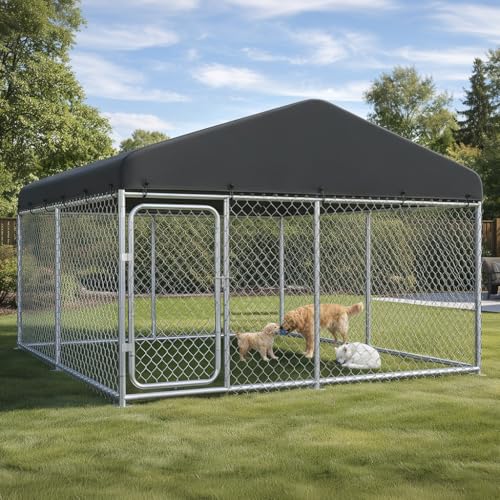 COMHOMA 1010FT Outdoor Dog Kennel with Roof Heavy Duty Metal Dog Enclosure with Weather-Resistant Cover & Secure Lock for Medium Large Dogs (Black 10x10FT (124in)