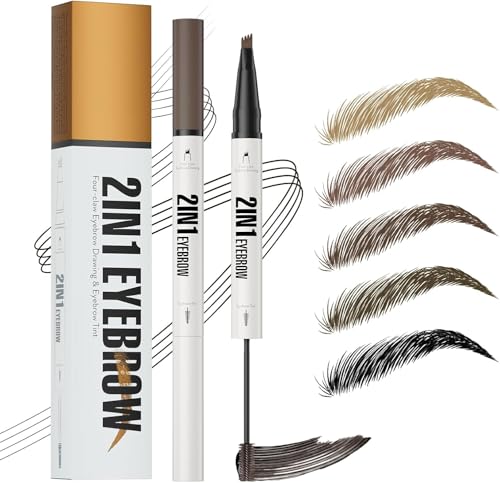 Lápiz de cejas microblading con 4 horquillas y gel reafirmante, 2 en 1, lápiz de cejas, dibujo de pelo, impermeable, resistente a la suciedad y de larga duración (marrón negro)