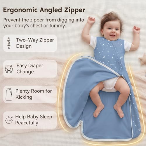 Image of Baby Sleep Sack 0-6 Months 0.5 Tog Baby Wearable Blanket 100% Cotton Sleeping Sack with 2-Way Zipper for Newborn Infant Dark Blue Planet