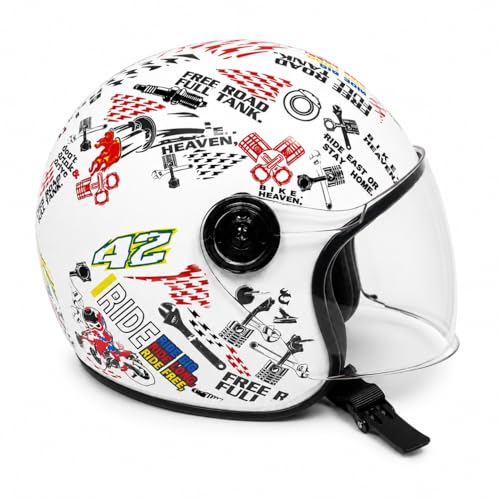 Image of RYDR A Doodle White Graphic Half-Face Helmet for Men & Women with Balaclava, Helmet Bag & Arm Sleeves Combo