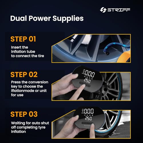 Image of STRIFF AirEdge Tire Inflator Portable with 2-in-1 Rechargeable & Corded Power, 150 PSI Tyre Inflator with Digital Display, Air Pump with LED & Auto ShutOff, Ideal for Car, Bike, Cycle and Ball