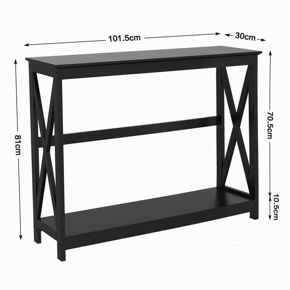 Yaheetech Table Console Table d'Entrée en Bois Meuble de Salon, Moderne, avec 2 Etagères de Rangement, Structure en X, pour Petits Espaces, Salon, Couloir, 102 x 30 x 81 cm, Noir