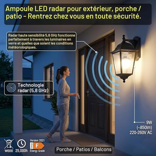 Ampoule LED détecteur de mouvement 9W E27 blanc chaud 2700K automatique - 3